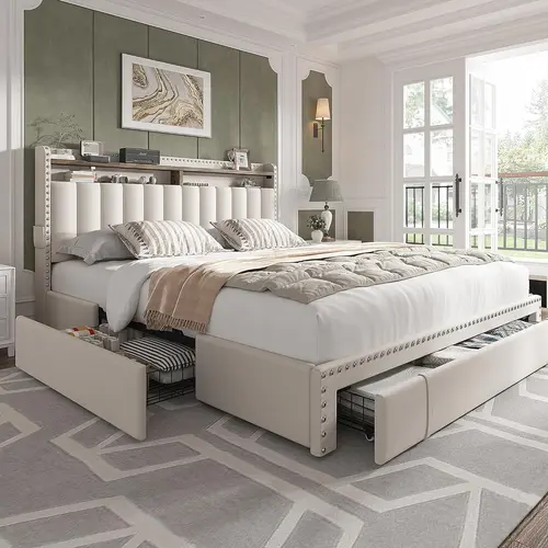 King Size Bed Frame with Storage & Headboard, Upholstered Queen or Full Size Divan Beds with Drawers & Shelves, Luxury Bed Frames- Modern Luxury Home Interior Furniture