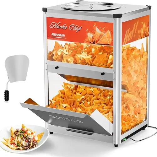 ROVSUN Kitchen Corded Thermal Nacho Chip Warmer Machine, 160W Countertop Food Display Case with Tempered Glass Door, Warming Light, Scoop, Detachable Deflection Plate, Removable Trays, 1-Button Operation, Stainless Steel, 149°F Hold for Chips, Peanuts