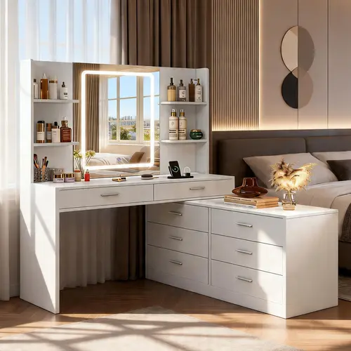 63.5 in Modern Durable Makeup Vanity Desk - Freestanding Black Indoor Bedroom Furniture, Makeup Vanities with Adjustable 3-Light Modes LED Mirror, 8 Drawers, Open Shelf, Mirror Cabinet, 2 Standard Plugs, USB Power Outlet for Organization