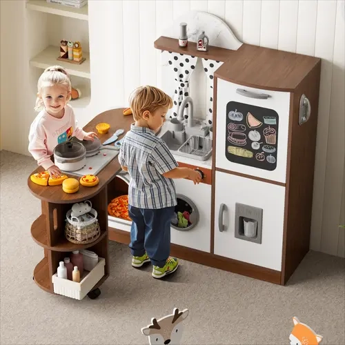 Scabine Kitchen Playset - Walk-in Wooden Play Kitchen Set for Toddlers with Light & Sound, Large Corner Cooking Toy with Coffee Capsule Fun
