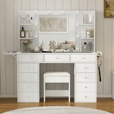 FUSOU 47"W Vanity Desk with 4 Shelves and Fold up Panel,Power Outlet,[Shipping By 2 Packages] 11 Drawers Makeup Vanity with Lighted Mirror, 3 Colors Adjustable, Glass Top Vanity with Chair, , Vanity Set for Bedroom, Dressing Room,Deals For You Days