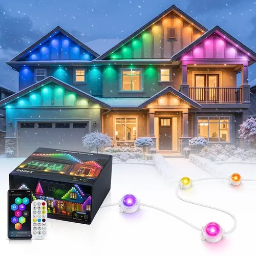 VALLERICO Permanent Outdoor RGB Adjustable Christmas House Lights, 50ft-300ft Options, IP67 Waterproof RGBIC RGBCW LED Eaves Lights, Bluetooth APP/2.4G Remote, Alexa/Google Compatible, Music Sync Ctrl, Music-Beat Glow,,Black Friday