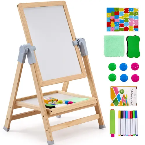 VEVOR 3-in-1 Double-Sided Wooden Whiteboard-Chalkboard Easel, Adjustable Standing Magnetic Drawing Board, Non-Toxic Wood Frame, 6 Clip Magnets, Tray, 27-38in, Kids Learning Tool for Study Desk, Children Development & Art Creativity Spark