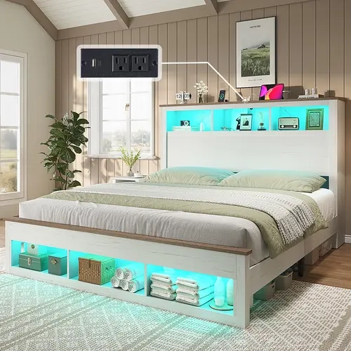 AMERLIFE Bed Frame with Bookcase Storage Headboard and Footboard, LED Platform Bed with Charging Station, No Box Spring Needed, Noise Free/Best Gift Ideas/Christmas Gifts[TikTokShopFallDealsForYou]