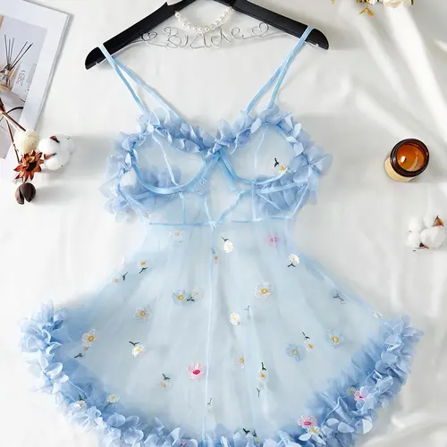 Women's Sexy Cute Homecoming Sleepwear Dress, Loungewear, Backless V-Neck Design, Floral Embroidery Ruffle Hem, Adjustable Spaghetti Straps, Semi-Sheer High Stretch Material