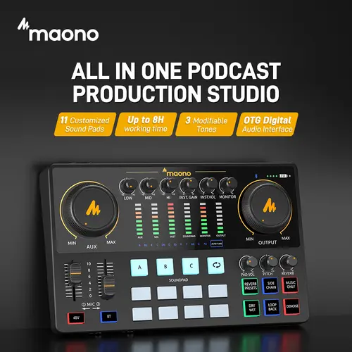 MAONO USB Studio Mixer & 5V Dual Channel Audio Interface Soundboard - Plastic Cordless Podcast Kit for Content Creators, XLR Support, Smartphone Compatible, Noise-Reduced Clean Audio, Bluetooth, Button Controls, Adapter Cable, Warranty, Mobile Use