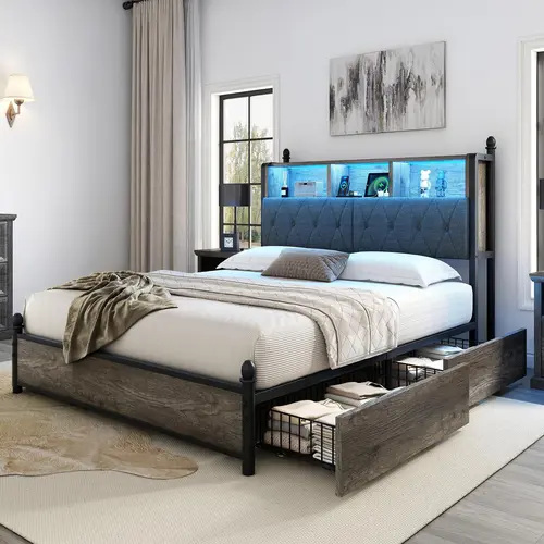 AMERLIFE Modern Bed Frame with Bookcase Headshelf and 4 Storage Drawers, Wooden Platform Bed with Charging Station and LED Light, No Box Spring Needed, Luxury Furniture Design/Full/Queen/King Size(ships in 2 boxes)/Best Gift Ideas/Christmas Gifts