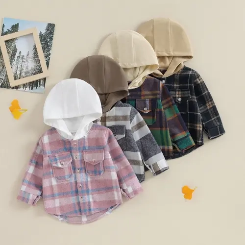 REDWOON Toddler Flannel Jacket Baby Girls Boys Button Down Shirt Little Kids Plaid Hoodie Shacket Coat Fall Winter Clothes