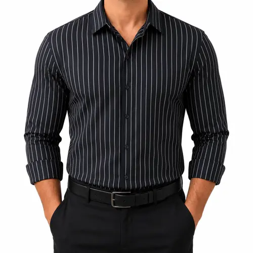 Royaura Men's Thickened Stretch Long Sleeve Striped Crew Neck Top Shirt - Fitted Cut, Casual Classy Menswear, Business Use, Father's Day Gift