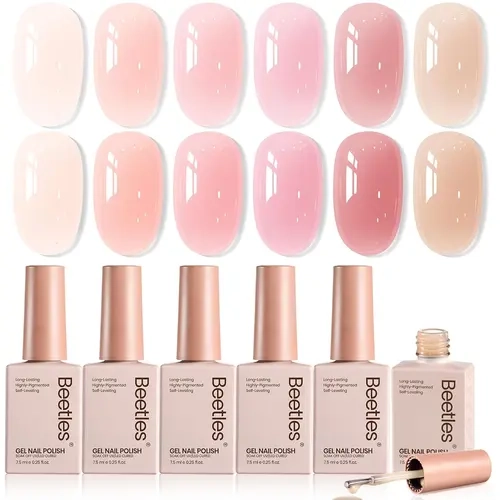Beetles 6 Colors Veil of Heaven Jelly Gel Nail Polish Set, Nude Pink Neutral Translucent Soak-Off UV/LED Lamp Cured Supplies, Adults' DIY Manicure Nail Care Birthday Gift