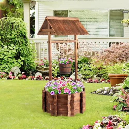 VINGLI Wooden Wishing Well Outdoor Planter - 22"d x 21.6"w x 45"h, 2/4 Reinforced Rods, Height-Adjustable Hanging Bucket, Well Cover, Ground Space Saver, Rustic Design Home Decor, All-Seasons Festive Supply for Patio Garden