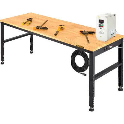 【fathersdaygift】VEVOR Workbench Adjustable Height, 61\" x 20\" Garage Table with 27.1\" - 36\" Heights & 2000 LBS Load Capacity, with Power Outlets & Hardwood Top & Metal Frame & Foot Pads, for Workshop Office Home