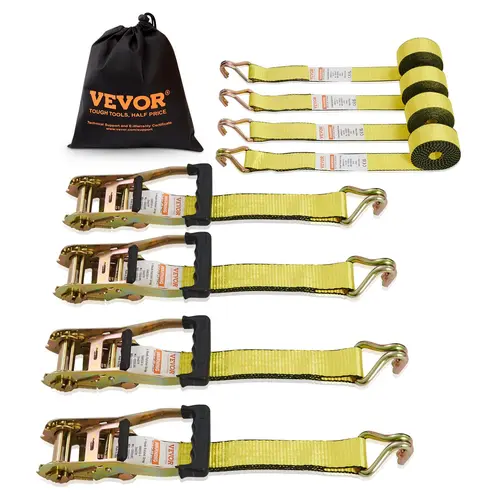 VEVOR Heavy-Duty D-Ring Ratcheting Cargo Trailer Straps (4PK) - 2"x15', 5000lb Break Strength, Adjustable Ropes, Quick Fasten, Padded Grips, Double J-Hooks, for Lawn Equipment, Motorcycles (Father's Day Gift)