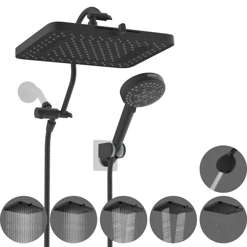 Hibbent Upgraded cUPC Certified 13-in Shower Jets System, 5-Spray High Pressure Rainfall Dual Showerhead Combo with 3-Way Diverter, 10-Mode Handheld Spray, 12-in Adjustable Arm, 71-in Hose, Holder, 8-in Water Outlet, Matte Black for Alleviating Fatigue