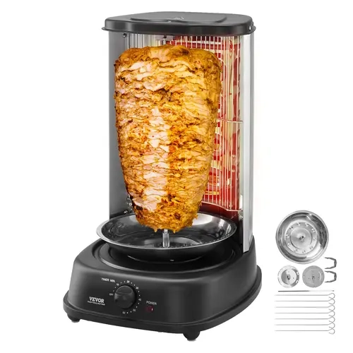 VEVOR Food-Grade Stainless Steel Vertical Shawarma Grill Machine - Vertical BBQ Grill, Efficient Grilling, 360° Rotating, 2 Chicken Forks, Gyro Rotisserie Doner, Household Food Processor, Max 374°F, Father's Day Gift, Kebab Stick Kit, Detachable Design