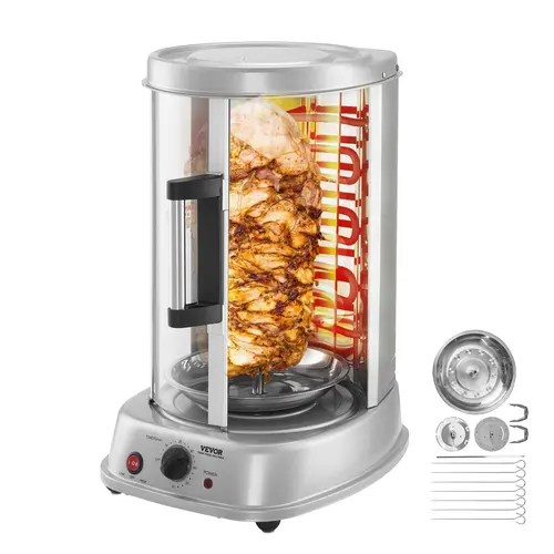 VEVOR Stainless Steel Vertical Shawarma Grill - Gyro Rotisserie Doner Cooker, Countertop Household Appliances with Timer, Auto Rotate, 2 Chicken Forks, 7 Grill Sticks, 2 Baffle Plates for Quick Meat Prep, Handles Chicken, Meat, Kebabs (DealsForYouDays)