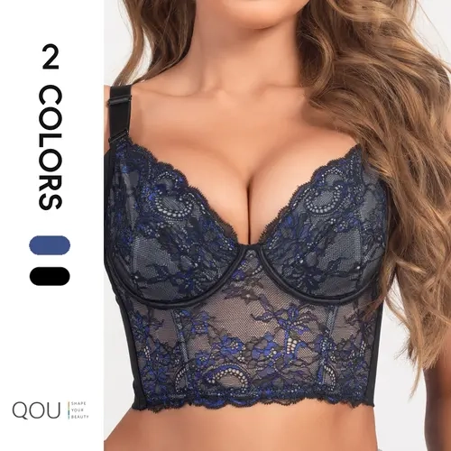 QOU Women's Fantasy Shaping Push-Up Lace Bra - Plus Size Deep V Neck Nylon Underwire Bustier Corset, Shimmer Lacy Undergarment for Christmas Outfit, Bras for Women