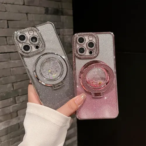 ERAZER Rhinestone Glitter Gradient Quicksand Magnetic Suction Bracket Ring Smartphone Case - Shockproof All-inclusive Lens, 4-Corner Anti-drop Durable Casing, Fits iPhone 13/14 Plus/15 Pro Max/16, Cellphone Accessory