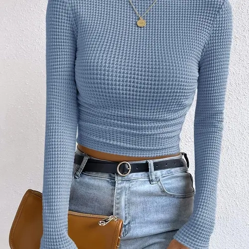 Women's Plain Ribbed Knit Top Knitwear, Casual Long Sleeve Boat Neck Top for Spring & Fall, Women's Clothing for Daily Wear