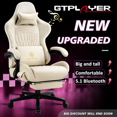 GTPLAYER Modern High-Back Ergonomic Gaming Recliner Chair - Leather-Metal Build, 150° Recline, Curved Back, Linkage Arms, Footrest, Bluetooth Audio, Springtok Surround Sound, Rolling, Memory Foam Lumbar, Gaming-Work-Study Ready Indoor Furniture