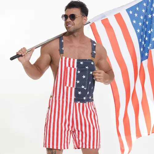 Yuanbang American Flag Overalls Shorts 4th of July Stretch Men's and Women's Adjustable Denim Bib Coveralls Menswear Outdoor Jumpsuit Jean USA Rompers with Pocket