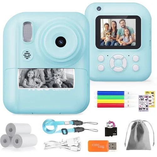 Instant Camera with 3 Print Paper, 2.0''IPS Screen, Rechargeable 1080P Digital Camera, Birthday Gift for Boys& Girls, Portable Camera, Lens Camera