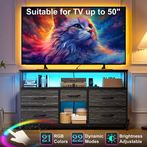 Raybee Sturdy LED TV Stand - 30'' H Drawered Dresser with 5 Deep Drawers, Durable Metal Frame, Built-In Charge Station (2 USB Ports, 2 Power Outlets), Cabinets, Compatible with 50 Inches TV, Room Decor for Living Room Small Spaces