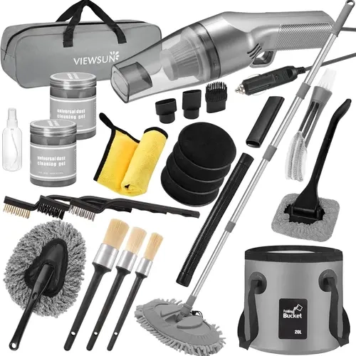 【TikTok Shop Fall Deals】Viewsun 21-Piece Car Cleaning Kit with Car Vacuum, 18"-60" Extendable Long-Handle Wash Mop, Bucket, Detailing Brushes, Windshield Cleaner, Collapsible Parts, Microfiber Towel - Complete Supplies, Christmas Gift Set, Improves Gloss