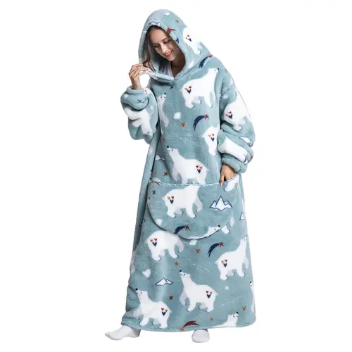 Cute Wearable Hoodie Blanket Nightgown, Halloween & Christmas Gift, 1Pcs Women Men Ultra Soft Sherpa Fleece Warm Oversized Hooded Wearable Blanket With Giant Pockets