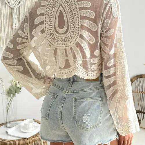 Boho Sunflower Swimsuit Cover-Up, Lightweight Knit Embroidery Mesh Lace Long Sleeve Top, UV Protection, Casual Travel Wear, Beach Cover Up, Bohemian Cover Up, Summer Coverup
