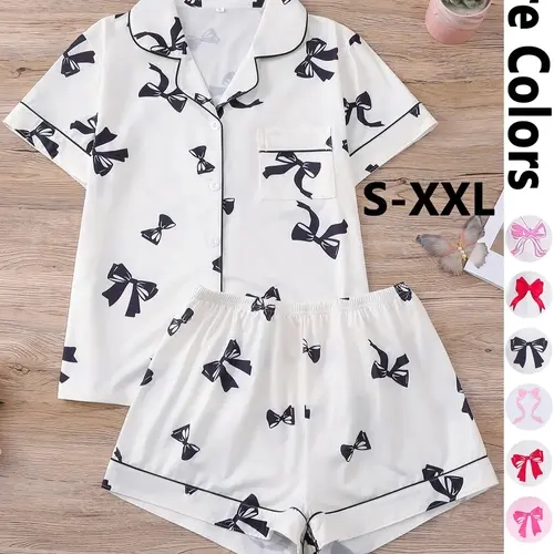 Two-Piece Set Women's Bow Print Short Sleeve Tee & Elastic Waist Shorts Pyjama, Casual Comfy Round Neck T-shirt & Shorts Matching PJ Set, Ladies Summer Sleepwear Pajama Set, Casual Pajamas, Casual Nightwear, Casual Pajama Sets