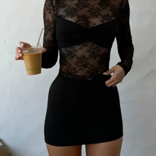Women's Lace Sheer Top & Skirt Two-piece Set, Long Sleeve Round Neck Top & Skirt, Ladies Clothes for All Seasons, Womenswear, Outfit