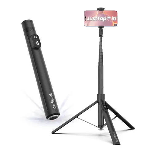 KraftGeek JustTap Auto Open Cellphone Tripod - Adjustable Aluminum Camera Stabilizer, Bluetooth Tap-to-Open Selfie Stick, Mobile/Smartphone Vlogging Travel Gadgets with Silicone Mount & Magnetic Remote for iPhone