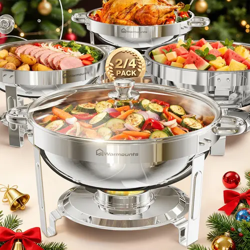 [FallDealsForYou] WARMOUNTS Round 5QT Stainless Steel Chafing Dishes Set - Home Essentials, Mirror-Polished Silver, Rolled Rim, Glass Lid, Handles, Lid Holder Tidy, Thermal, Heat/Cool Dual, Hot Water Heat, Kitchen Buffet Warmers for Weddings, Catering