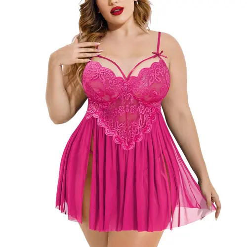 Avidlove Plus Size Lace Lingerie Women Strap Chemise Nightgown V Neck Nighty Sleepwear Side Slit Nightdress