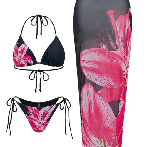 Women's Floral Print Halter Bikini Set, Casual Tie Back Contrast Mesh Swim Top & Tie Side Swim Bottom & Cover Up Skirt Set, Ladies Swimsuit for Beach Holiday Vacation, Bikini With Skirt Swimsuit Sets