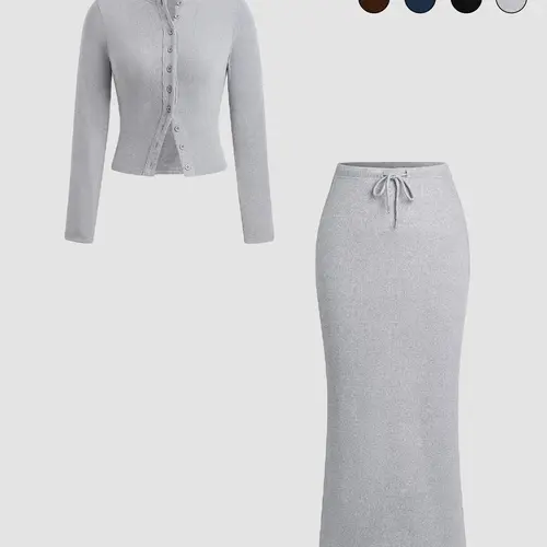 Women's Slim-Fit Long Sleeve Knitted T-Shirt Set, Elegant A-Line Skirt, Spring & Fall Fashion, Basic Style, Moderate Fabric Outfit, Skirt And Top Set
