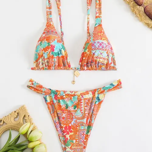 Women's Floral Bikini Set, Sexy Triangle Two-Piece Swimsuit, Spaghetti Strap Bikini, Sleeveless Party Style, All-Season Wear, Tie Back Design, Floral Print Bikinis, Summer Swimsuit Set, Triangle Top Bikini, Fitted Triangle Swimwear, Flower Bikini Set