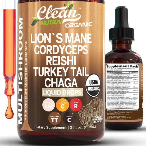 Clean Nutra Lion's Mane, Cordyceps, Reishi, Turkey Tail, Chaga & More Organic Mushroom Supplement Liquid Drop for Immune Support & Vitality – MultiShroom
