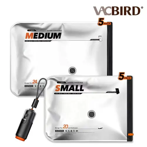 Vacbird U8 10-Piece Eco-Friendly Matte Compression Dustproof Storage Bags Set with 4000Pa Cordless 2-in-1 Rechargeable USB-Battery Air Pump, Home Organiser, Cordless Vacuum for Clothes, Travel Luggage Bags, Travel Organization Pouch, Cable Stays Attached