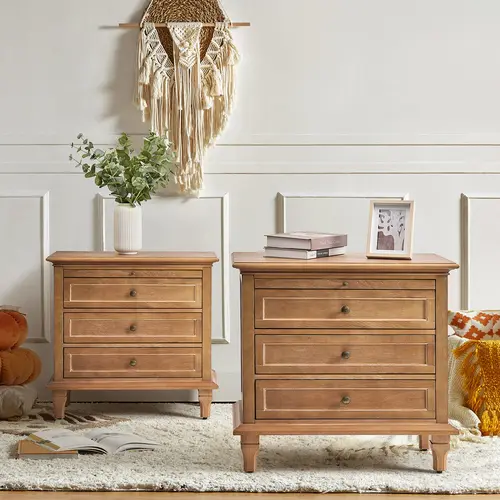 HULALA HOME Lionel 3 Drawer End Table with Built-In Outlets, Charging Station, Pull-Out Shelf, Sturdy Wood Legs, Organized Storage, Farmhouse Style Bedroom Cabinet, Bedside Table, Nightstand