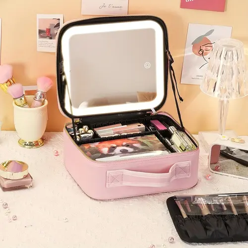 LED Lighted Travel Makeup Case, Illuminated Cosmetic Bag, Makeup Storage Organizer, Vanity Makeup Organizer, with Adjustable Dividers, Portable Organizer for Women, Compact Design, Travel Cosmetic Bags, Makeup Pouch, Travel Beauty Bag