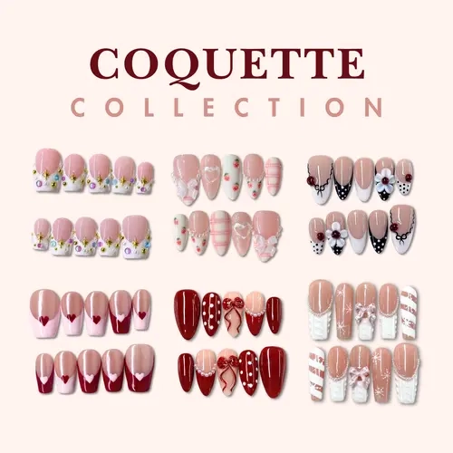 NailPhoria COQUETTE Collection - Handmade Press-On Nails | Reusable, Salon-Quality, Long-Lasting, Glossy Design