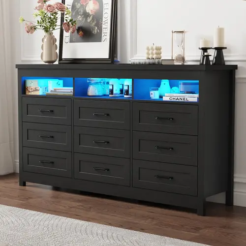 Black Farmhouse 9-Drawer LED Lighting Floor Standing Dresser - 63" Wide Adjustable Modern Wood Cabinet with Charging Station, 1 Type-C Port, 2 Power Outlets, USB Port, Design, Large Storage, Indoor Home Bedroom Furniture for Organization