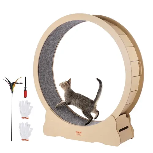 【toolupgrade】VEVOR 52" Large Wooden Cat Exercise Wheel, Treadmill with Detachable Carpet, Teaser, Gloves, Screwdriver, Spotclean Loop, Stable Wide Base, Large Diameter, Rest Locks, Solid Build for Joint Health, Indoor Use
