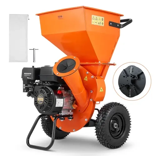VEVOR Heavy Duty Gas Powered Wood Chipper Shredder Mulcher, 7HP 212cc 4.1kW, Branches Max 3" Feed Capacity, Flywheel, 4 Hammers, 15:1 Reduction Ratio, 12" Roll Wheels, Portable, Ergo Grip Handle, Vacuum Mulch Link, Efficient Performance