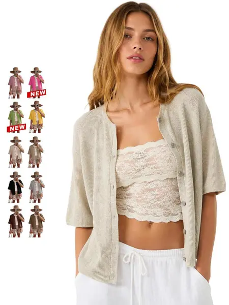 Tanming Women's Short Sleeve Cardigan Sweater - Crew Neck, Soft Ribbed Knitting Fabric, Button-Down, Fitted, Lightweight Breathable Clothes for Casual Office, Spring Summer Layering Cover Up (Women's Tops) #SpringStatements,summerwins,summeroutfits,vacati