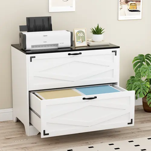 2 Drawer Farmhouse File Cabinet, Wood Lateral Filing Cabinet for Home Office, Large File Storage Printer Stand for A4/Letter Size Files, with Anti-tilt Mechanism, 35" W x 20" D x 29" H