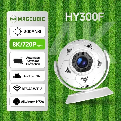 Magcubic 2026 HY300F Projector - 300ANSI, 8K Decode, Android 14.0, Auto Keystone, WiFi 6+BT5.4, Allwinner H726, 0.9:1 Throw Ratio, Wireless Portable, Wall/Ceiling Mountable, 180° Rotation, Home Cinema Audio, Football Fan Gift, ABS Build #tiktokshopstockup