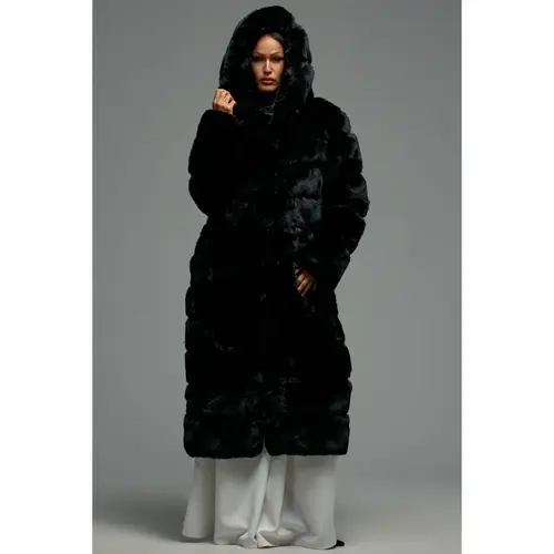 FAUX FUR PANEL HOODED TRENCH IN BLACK